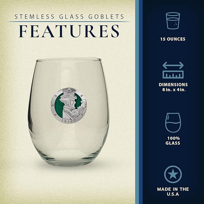 Heritage Pewter Irish Fighter Stemless Glass Goblets – Set of 2 | 15 OZ Goblet Wine Glasses | Expertly Crafted Pewter Glass