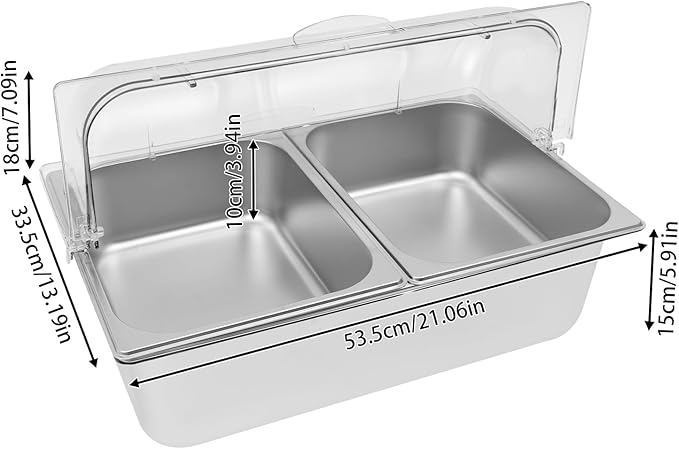 2 Pans Ice Food Serving Display Container w/Clear Roll Top Cover, Stainless Steel Serving Tray Catering Supplies Buffet Display Condiment Dispenser Plate Case for Restaurant Hotel Kitchen