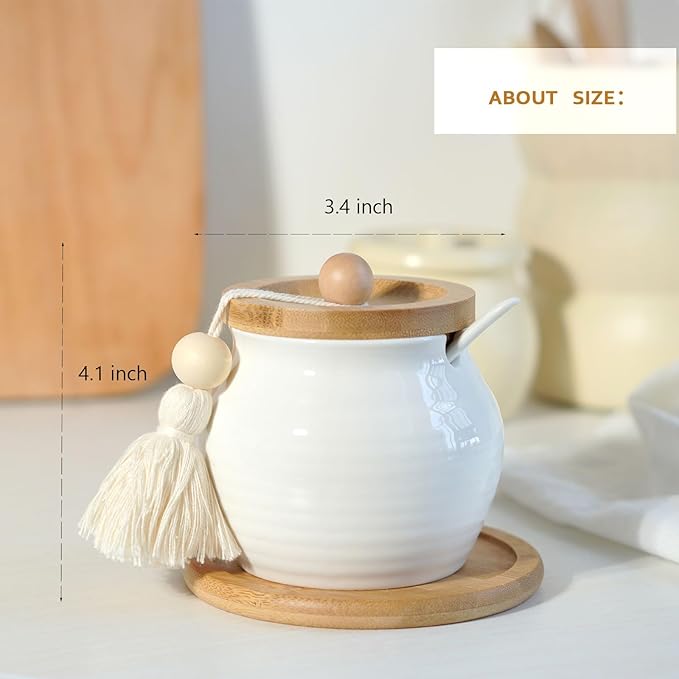 Sugar Bowl with Lid and Spoon,White Ceramic Sugar Container With Bamboo Lid and Tray,Dia 3.4'' H 4''|12oz