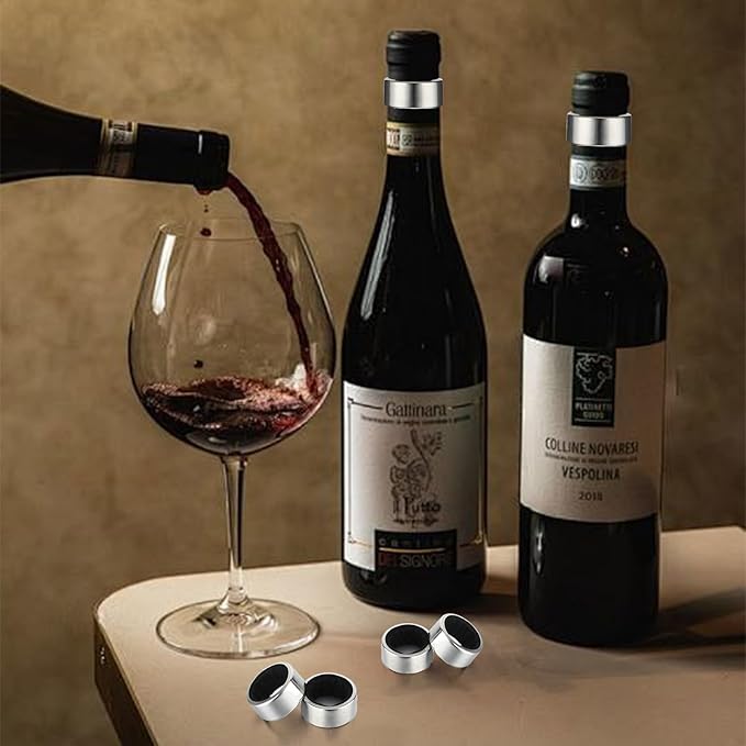 4PCS Wine Drip Ring, Wine Drip Collars Stainless Steel Wine Collar Drip Ring Simple Wine Bottle Drip Collar with Velvet Felts Clever Dripper Guard Holder Tools Bar Kitchen Gadgets Wine Accessories