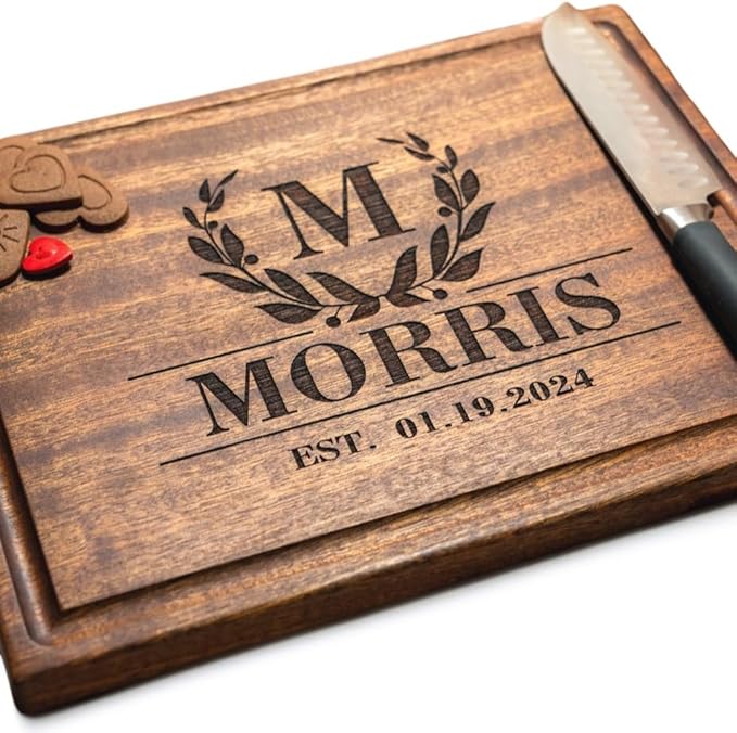 Personalized Chopping Block Custom Engraved Laurel Initial Design (#011) Wedding or Anniversary-Housewarming or Corporate Gift USA Handmade by Wedding Gift Boutique