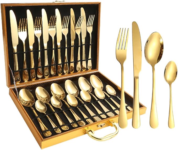Gift Box 24pcs Set Cutlery Dinnerware 410 Stainless Steel Flatware Set Tableware Suit Dinner Spoon Fork Knife Flatware Serving Sets (Black)