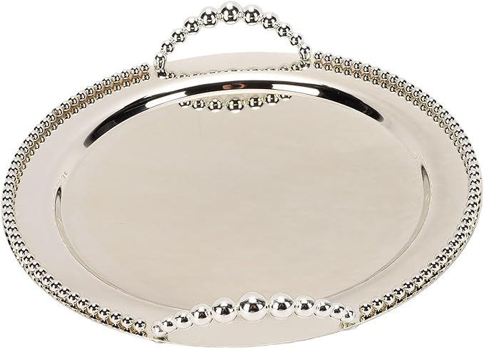 12.4 Inch Round Metal Serving Tray with Handles, Silver Iron Fruit Platter for Camping BBQ Picnic, Stackable Party Tray for Grilled Meats Pizza Salads