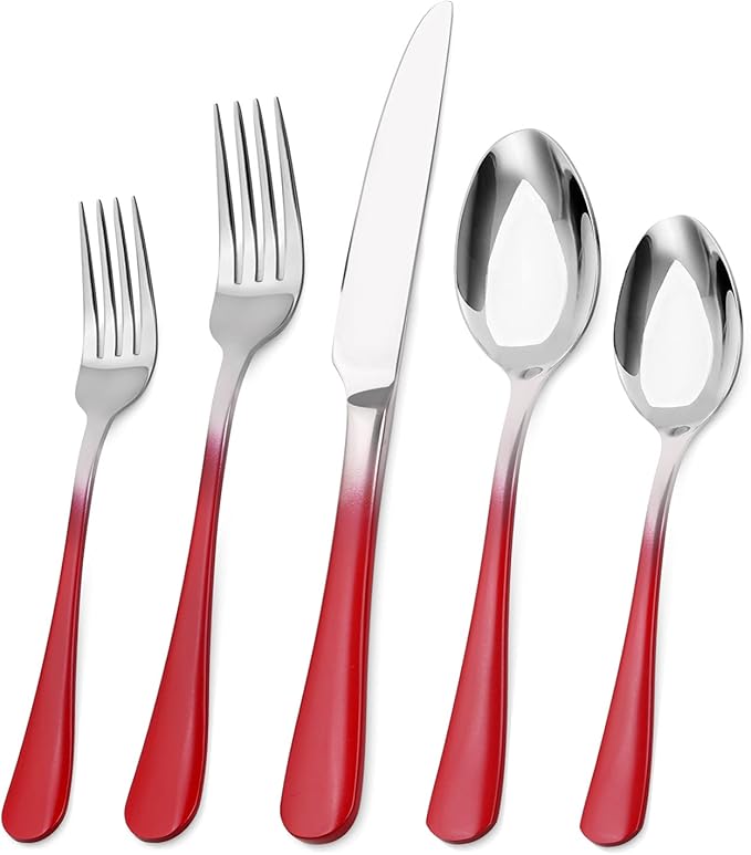 Silverware Set, Bysta 20-Piece Stainless Steel Flatware Set, Kitchen Utensil Set Service for 4, Tableware Cutlery Set for Home and Restaurant, Mirror Polished, Dishwasher Safe (Gradient Red)