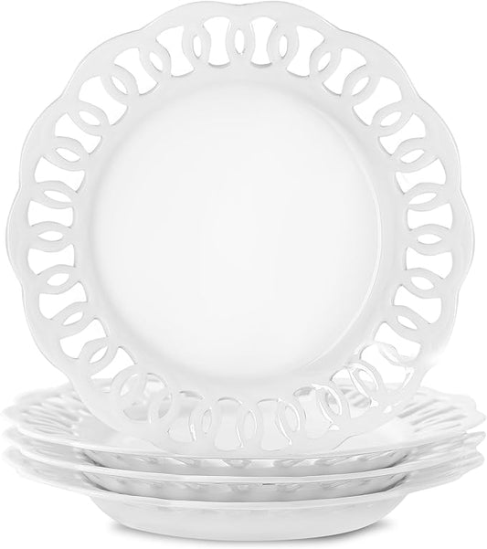 4 Pack 10" Dinner Serving Plates with Lace Rim, New Bone Porcelain Round Tableware Plates with Unique Hollow Out Design Scolloped Edge, White Dishes for Daily Use or as an Excellent Plate Idea