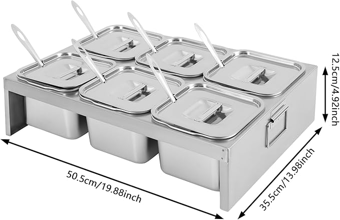 Stainless Steel Condiment Containers, 6 Compartment Trays Seasoning Organizer Box with 0.528 Gallons Capacity Each for Outdoors Hotels Kitchens Backyards