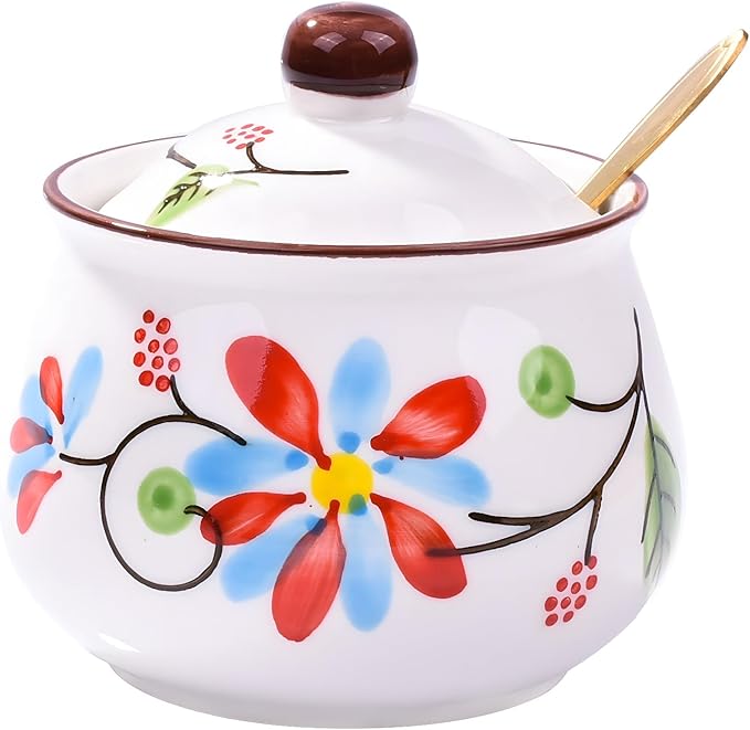Porcelain Sugar Bowl with Lid and Spoon Seasoning Container Salt Jar for Home and Kitchen (HH)