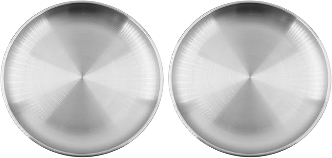 304 Stainless Steel Plates,Silver Round Dinner Dishes,Feeding Serving Camping Plates,Reusable Dinner Plates,Durable Metal Plates, Double Walled Plates for Picnic BBQ Steak 2, 23cm/9.06''