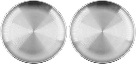304 Stainless Steel Plates,Silver Round Dinner Dishes,Feeding Serving Camping Plates,Reusable Dinner Plates,Durable Metal Plates, Double Walled Plates for Picnic BBQ Steak 2PCS, 30cm/11.81''