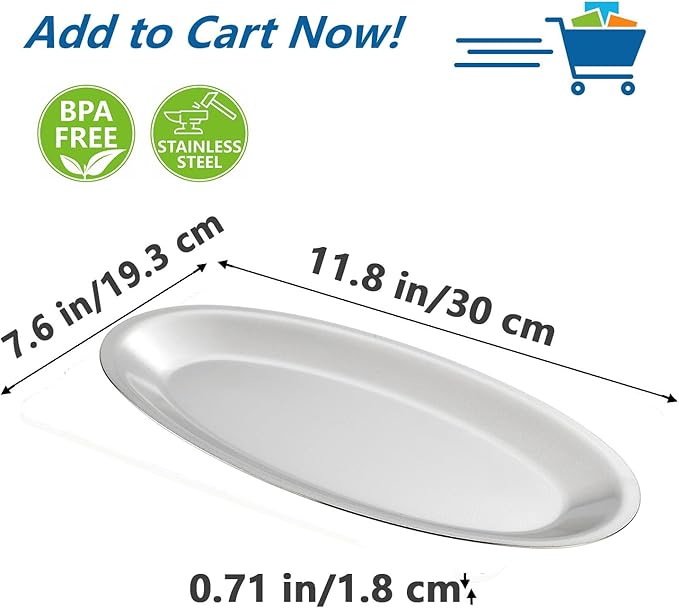 SANQIAHOME 11.8x7.6 Inch Thick Stainless Steel Dinner Plate 2-Piece Set, Egg-Shaped Appetizer Plate,Silver