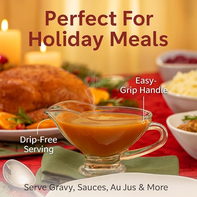 HIC Kitchen Glass Gravy Boat, 9-Ounce Capacity With Dripless Spout And Comfortable Handle For Gravy, Sauce, Au Jus, Dressing, Holiday Meals, And Entertaining