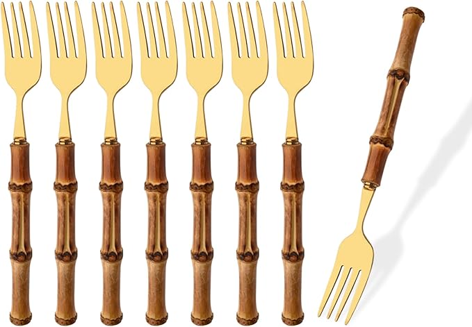 Stainless Steel Flatware Set, Bamboo Handle Silverware Set, Reusable Eating Utensils for Home Kitchen and Restaurant, Modern Gold Cutlery Set, 8 Pieces Dinner Forks