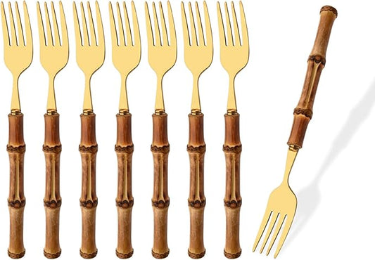 Stainless Steel Flatware Set, Bamboo Handle Silverware Set, Reusable Eating Utensils for Home Kitchen and Restaurant, Modern Gold Cutlery Set, 8 Pieces Dinner Forks