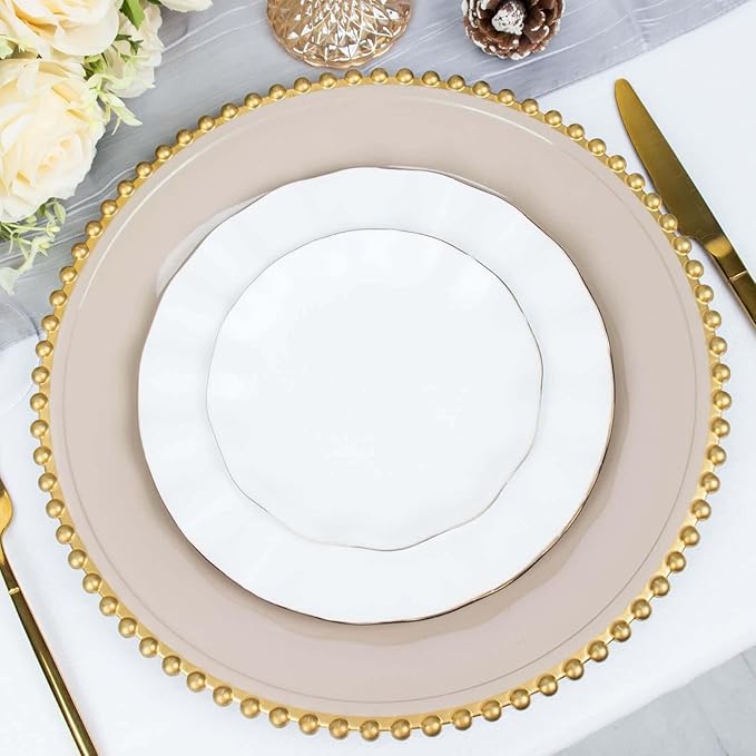 Efavormart 6 Pack 12" Taupe/Gold Acrylic Round Charger Plates With Beaded Rim Dinner Charger Plates