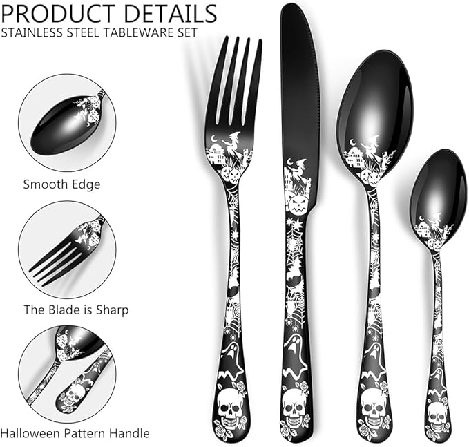 XIAOYU 24-Piece Halloween Themed Skull Silverware Set, Gothic Skull Pattern Design, Stainless Steel Flatware Set Serving for 6, Knives Forks Spoons Cutlery Daily Halloween Party Event, Blue