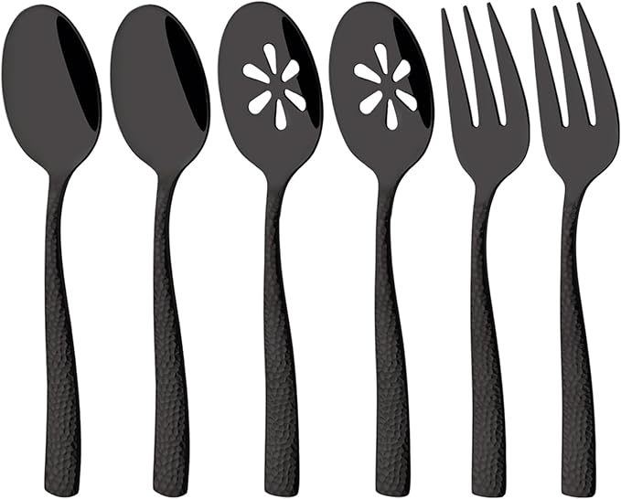 6 PCS Hammered Serving Utensils, Uniturcky Stainless Steel Serving Spoons Set, Square and Thick Hostess Serving Set, Includes 2 Serving Spoon 2 Serving Fork and 2 Slotted Spoon, Mirror Black