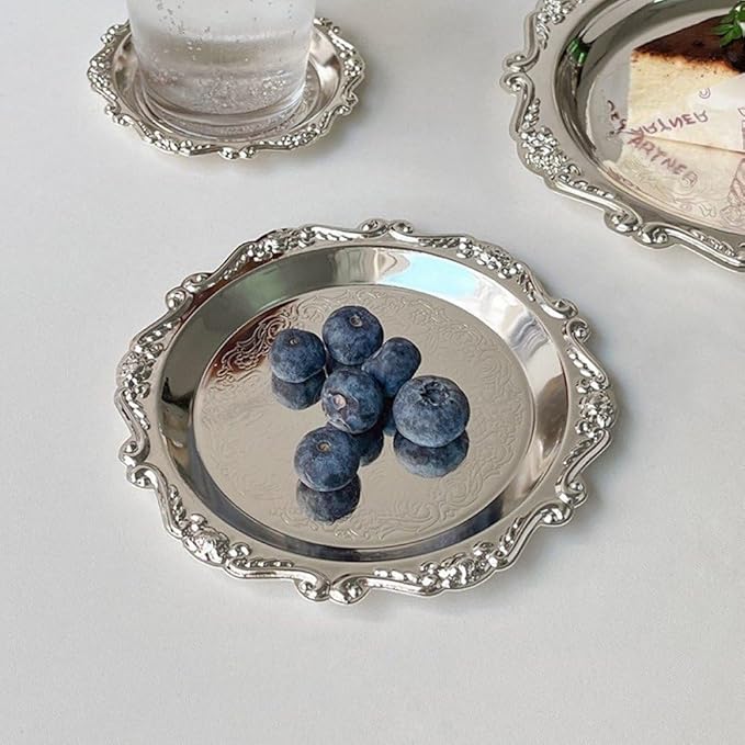 Metal Food Serving Trays Small Instrument Jewelry Tray Silver Fruit and Dessert Plates for Wedding, Hotel, Christmas Candy Display