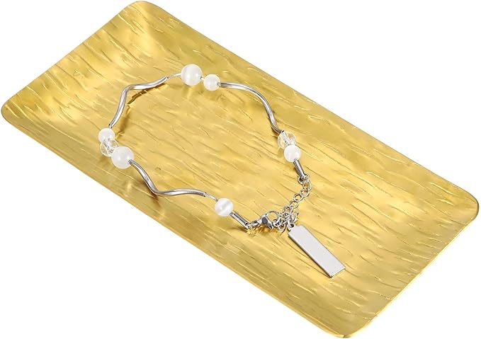 uxcell Decorative Tray, 5.9x3 Stainless Steel Rectangular Frosted Serving Tray with Streak Grain Pattern for Dessert Napkin Towel Candle Jewelry Bathroom Platter, Stackable, Gold