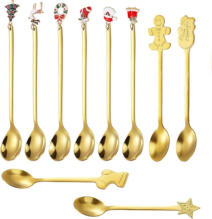 10 Pieces Christmas Stirring Spoons Stainless Steel Coffee Dessert Teaspoons Christmas Tableware Spoons for Xmas Party Table Decorations