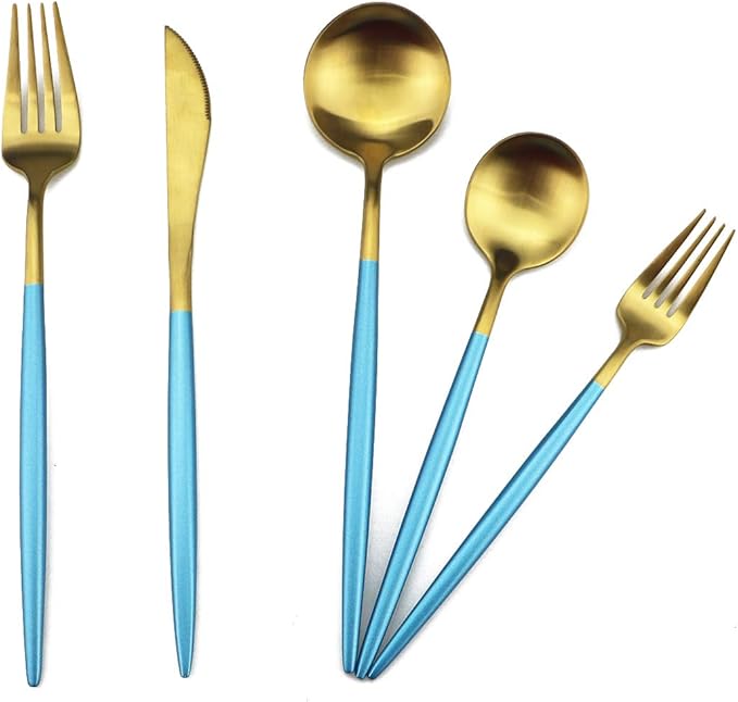 Gugrida Blue Gold Flatware, Royal 5 Piece Matte Blue Handle 18/10 Stainless Steel Tableware Sets for 1 Including Forks Spoons Knives, Camping Silverware Travel Utensils Set Cutlery (Blue Gold)