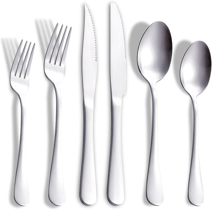 36-Piece Matte Silverware Set With Steak Knives, Stainless Steel Flatware for 6, Modern Cutlery Utensils, Spoons and Forks for Restaurant, Dishwasher Safe