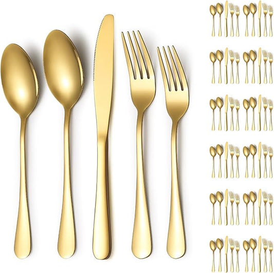 Silverware Set 60 Pieces Service for 12, ReaNea Gold Flatware Set, Titanium Plating Cutlery Set Include Dinner Knives, Dinner Spoons, Dinner Forks, Teaspoons, Salad Forks, Dishwasher Safe