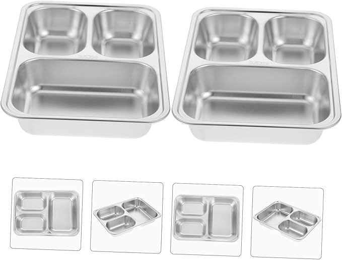 Unomor 2pcs Strong Stainless Steel Dinner Plate Compartment Plate Health-conscious Serving Tray Dish