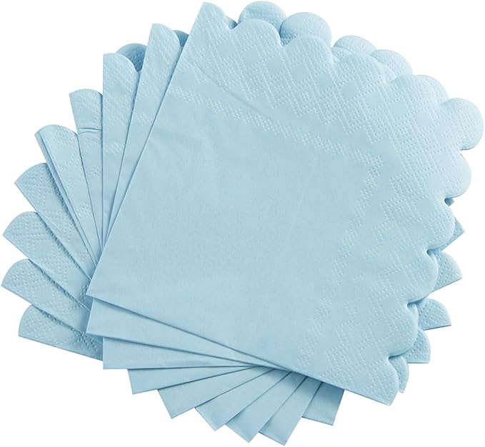200 Pack Cocktail Napkin 2-Ply Scalloped Edged Dessert Napkins Folded 5 x 5 Inches Disposable Napkins for Dinner Wedding Birthday Party Bridal Anniversary Reception Event (Light Blue)