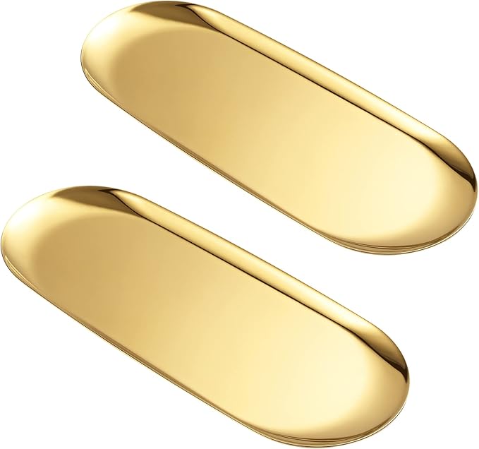 Set of 2 Golden Oval Stainless Steel Tray (30cm x 12cm) – Mini Coffee Table Tray for Jewelry, Cosmetic & Candle | Vacuum Coating – No Fading, No Discoloration