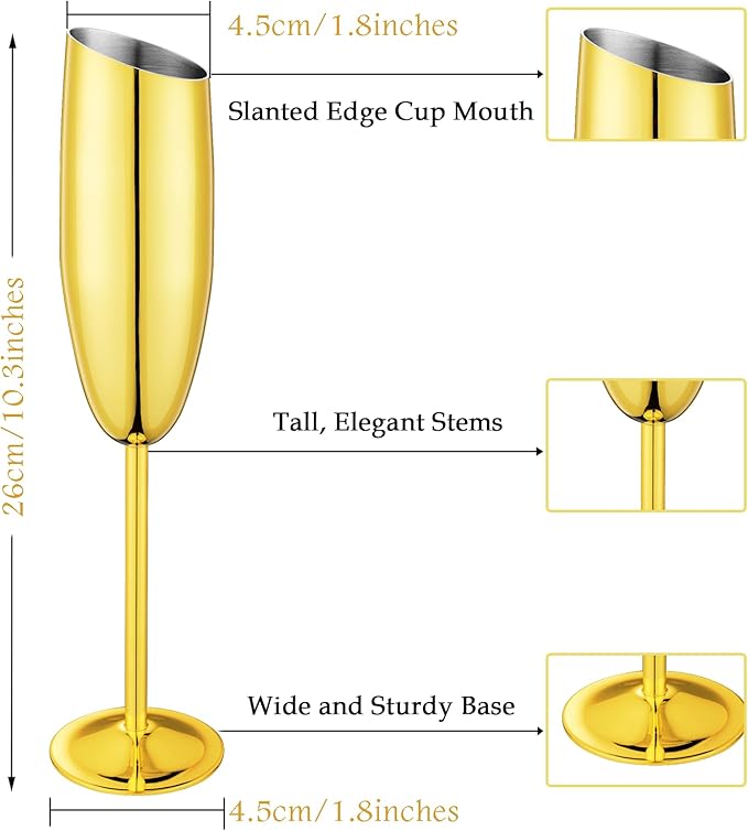 Champagne Flutes Set of 4, Premiumty Stainless Steel High Footed Champagne Glasses, 7oz Capacity,Unbreakable Slanted Champagne Glasses
