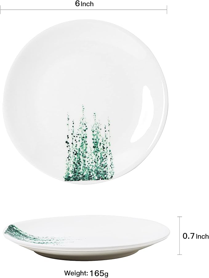 6 Inch Set of 6 Assorted Designs, Small Porcelain Plates with Plants Pattern,White Ceramic Dinnerware for Appetizer Luncheon Snacks Dessert Serving Bread, Microwave Oven Dishwasher Safe