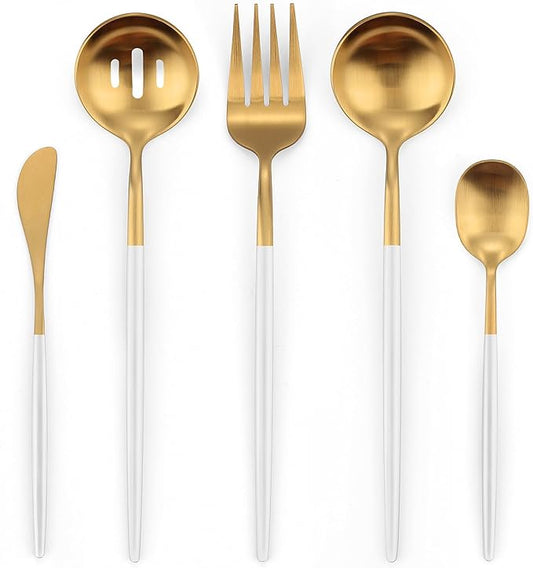 Serving Utensils,OPOLIA Matte White Gold Kitchen Utensils Set,5 PCS Stainless Steel Flatware Set for Buffet,include Serving Fork,Slotted Spoon,Soup Spoon,Butter Knife,Sugar Spoons,Dishwasher Safe