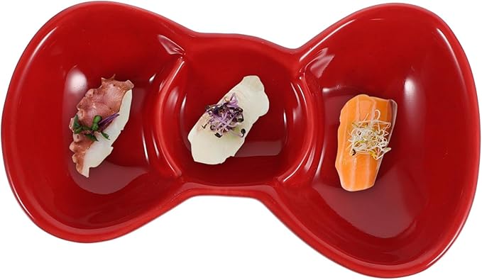 Amosfun Three Grid Seasoning Plate Butterfly Knot Design Porcelain Condiment Dish Sauce Compartments for Dipping Vinegar and Sauce Serving for Appetizers and Parties