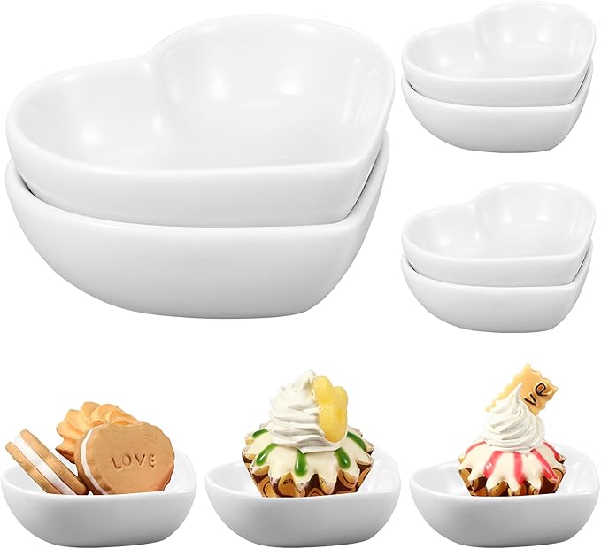 6 Pieces Heart Shaped Bowls Ceramic Dip Bowl Plates Multipurpose Salad Bowls Appetizer Plates Cooking Gifts for Candy Sauce Sushi Dipping Serving Wedding Anniversary Valentine's Day (White)