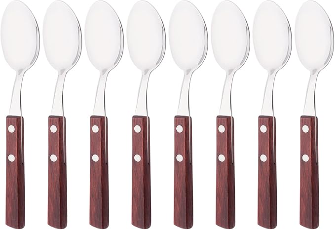 Teaspoons Set of 8, 304 Stainless Steel Dessert Spoons with Red Wooden Handle, 6.3 Inch Ice Cream Spoons for Coffee, Appetizer, Bistro