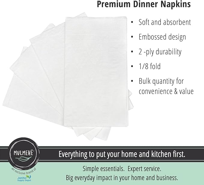MULMEHË Premium 2-Ply 1/8 Fold Dinner Napkin for Restaurants, Catering, Home, and Events, 15x16", White, 150 Pack