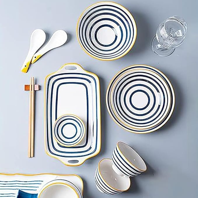 ☆Ceramic Dinnerware Sets, Plates Set, Dishes Set, Japanese Premium Hand Pained Fine Porcelain of 24 PCS-Bowls and Plates Set with Ring Pattern, Service for 6,White, size
