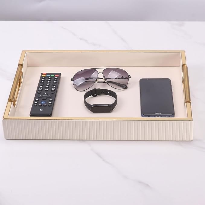 Wooden Structure Leather Decorative Tray With Brushed Champagne Gold Handle - Square Coffee Table Farmhouse Counter PU Serving Storage Tray (White)