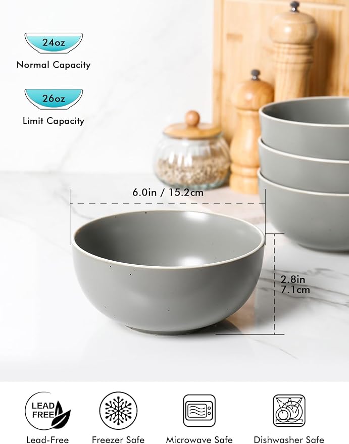 AISBUGUR Cereal Bowl, Ceramic Bowls Set of 4, 26oz Large Soup Bowls for Kitchen Dishwasher & Microwave Safe, Perfect for Cereal, Soup, Oatmeal, Salad, Pasta, Dessert, Rice, Matte Gray