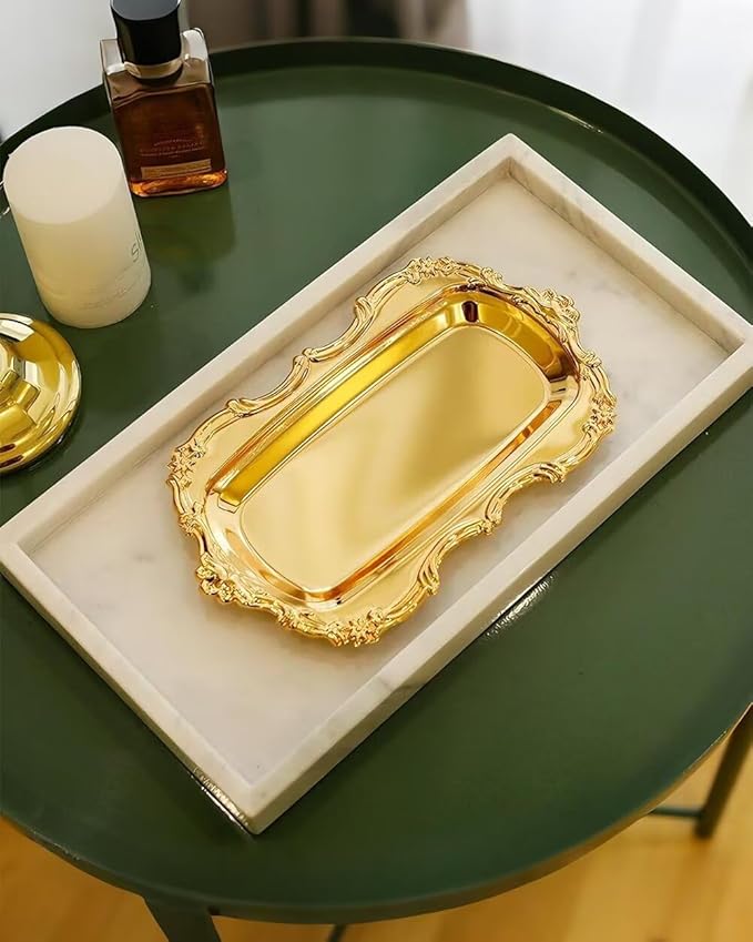 3PCS 8in Vintage Serving Trays Set Decorative Tray Metal Tableware Platters for Cookies Desserts Party Food Display (Gold)