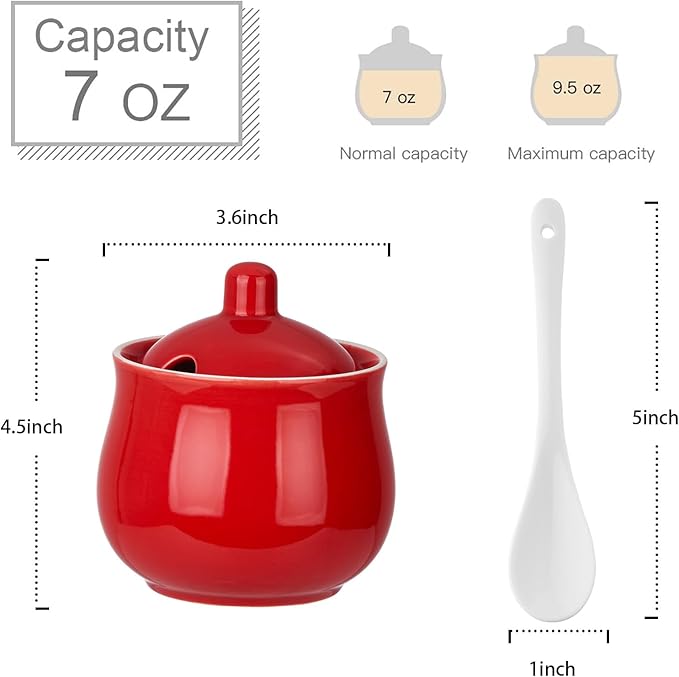 Ceramic Sugar Bowl with Lid and Spoon, Red Porcelain Sugar Salt Pepper Storage Jar, 8 Ounces