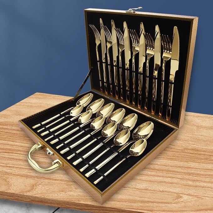 Stainless Steel Flatware serving set,Home Kitchen Eating Tableware Set,Dishwasher Safe,For Home Kitchen Restaurant Hote 24-piece Stainless Steel Cutlery Set Thickened Knife, Fork And Spoon(Gold)(Silve