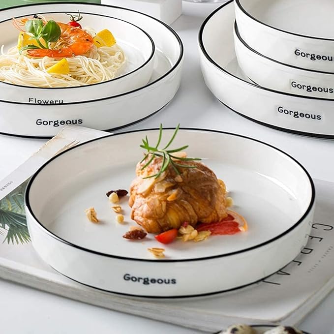 60 Pieces White Dinnerware Set Dishes - Dinner Plates and Bowls Sets Service for 12, Luxury Ceramic Dishes Set, Nordic Style Black Line Diamond Pattern, for Family Friend (White 35 Pcs)