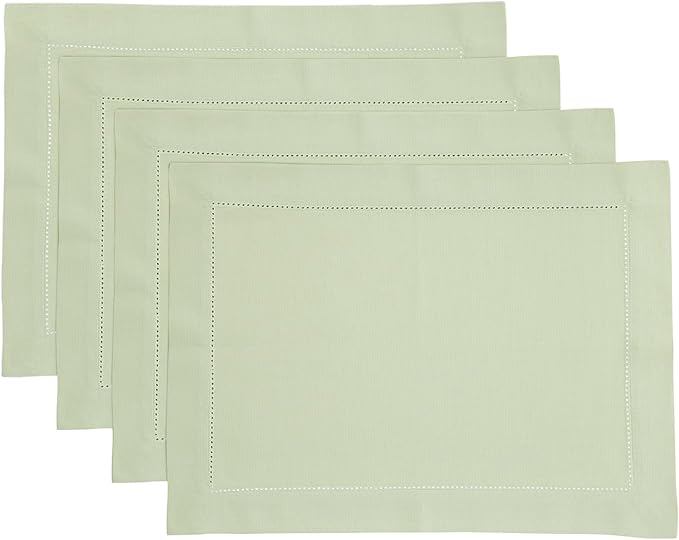 Solino Home Sage Placemats Set of 4 - Cotton Linen Hemstitch Placemats 14 x 19 Inch for Spring, St Patricks Day, Easter