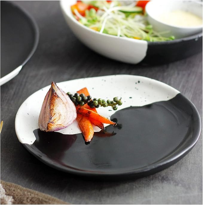 roro Handcrafted Ceramic Appetizer & Salad Plates - Set of 2, Mottled Cream, 7 Inches | Unique Black & White Organic Glazed Design | Sturdy & Food-Safe, Microwave Safe, Lead-free Glazed