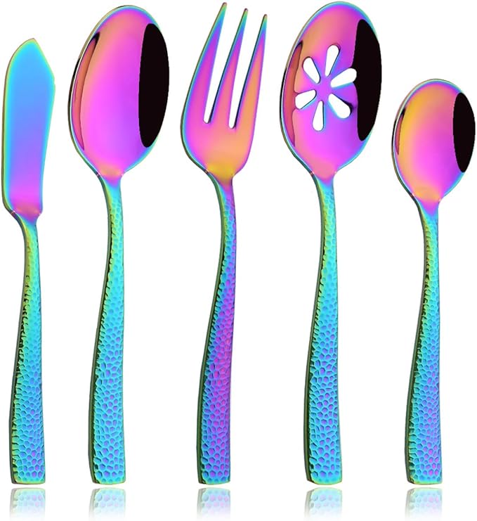 JASHII 5-Piece Rainbow Hammered Flatware Hostess Set Stainless Steel Serving Fork Slotted Serving Spoon Butter Knife Teaspoon Set for Buffet Party Mirror Polished Dishwasher Safe