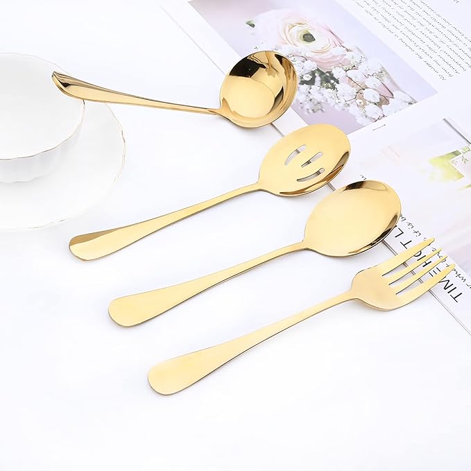 35-Piece Mirror Gold Flatware Set, 18/0 Stainless Steel Cutlery Set With Seriving Utensils For 6, Home Restaurant Silverware Set With Cake Knife, Colander, Soup Spoon, Dishwasher Safe