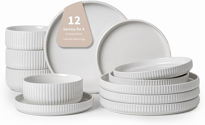 Dinnerware Sets for 4,Microwave Safe Plates and Bowls Sets,12 Piece Dylan Dish Set,Reactive Glaze Stoneware Dinnerware Set (Gloss Reactive Snow White, Service for 4 (12pcs))