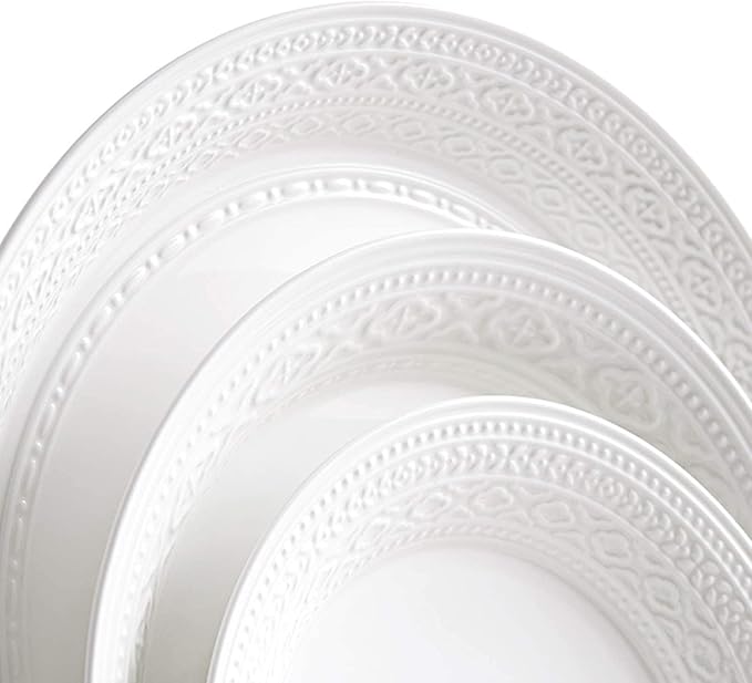 High-End Dinner Set,Ceramics Dinner Set,Pure White Relief Light Luxury 32 Pieces Bone China Dinnerware Sets | European Style Porcelain Steak Plates and Cereals Bowls for,