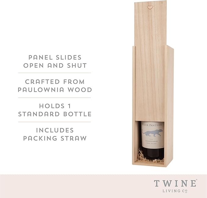 Twine Single Wooden Wine Gift Box with Sliding Lid, Champagne Gift Box, Perfect for Housewarming, Weddings, and Special Celebrations, Holds 1 Bottle, Wine Accessories, Paulownia Wood Storage Boxes